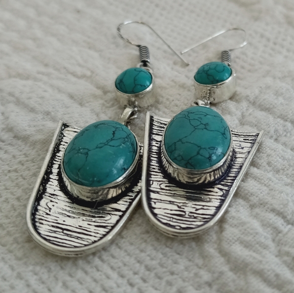 Artisan Turquoise 925 Sterling Silver Earrings Southwestern Handmade Western Big - Picture 6 of 7